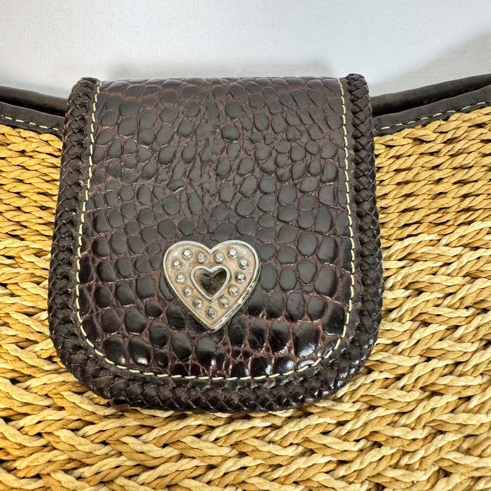 Brighton Woven Tan Straw Dark Brown Croc Embossed Leather Small Bag Tote Satchel - Picture 2 of 11